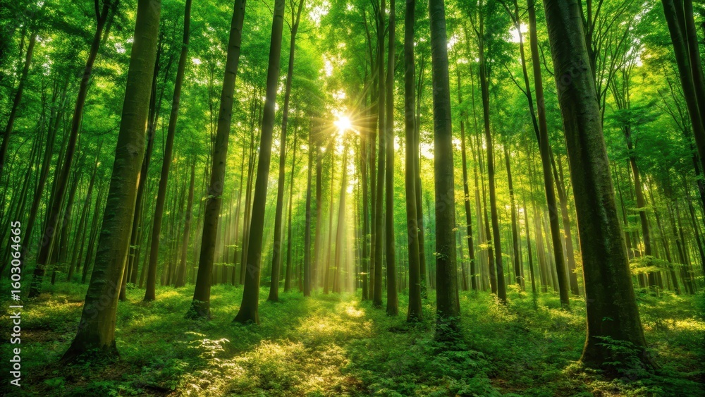 Fototapeta premium Sustainable energy solutions concepts, Sunlight streaming through a lush green forest, illuminating tall trees and a serene atmosphere.