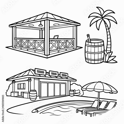 Resort Buildings Palm Tree Poolside Loungers lounge chairs
