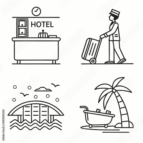 Hotel reception bellhop luggage beach resort desk clock