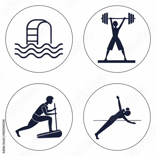 Resort activity icons swimming weightlifting yoga surfing