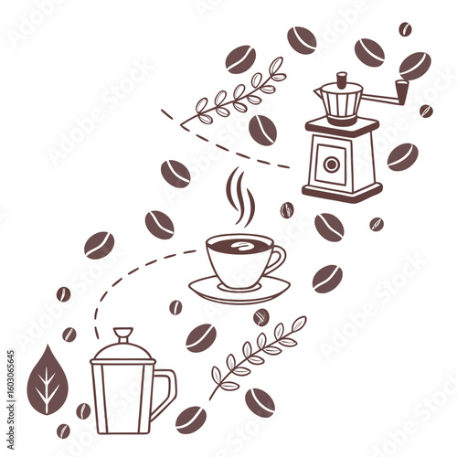 Coffee beans cup grinder and leaves coffee cup coffee grinder
