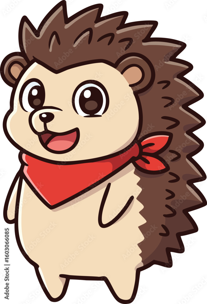 Fototapeta premium Cute hedgehog wearing red scarf cartoon character vector illustration for children and nature designs