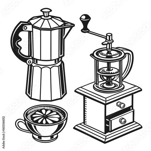 Monochrome coffee brewing devices sketch moka pot coffee grinder