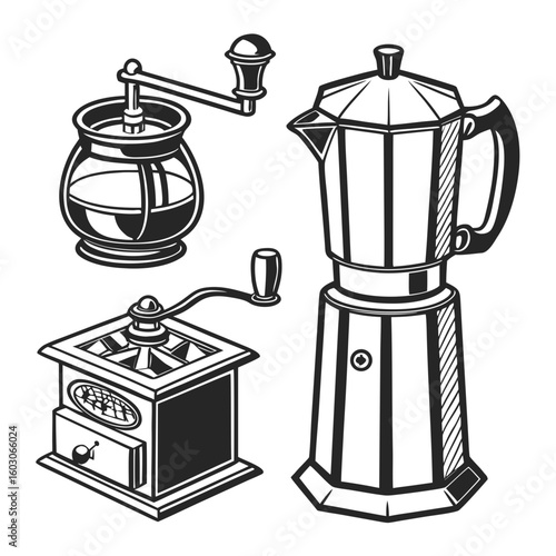 Vintage coffee grinders and moka pot brewing
