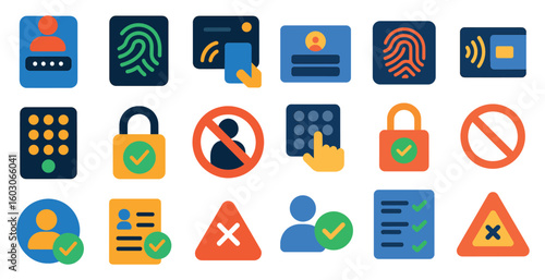 Collection of icons for various security measures, including a fingerprint reader, a keypad, and a no-touch button