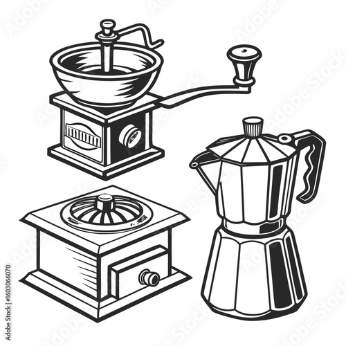 Vintage coffee grinders moka pot sketch monochrome