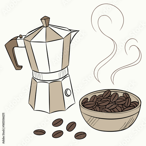 Moka pot coffee beans steam bowl brown