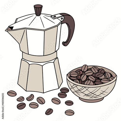 Moka pot and coffee beans coffee maker bowl