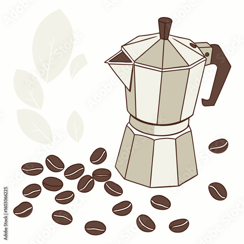 Moka pot and coffee beans with decorative leaves kettle