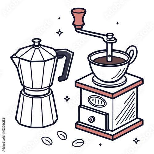 Coffee grinder and moka pot coffee cup coffee beans