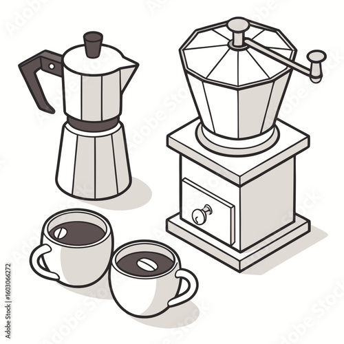 Coffee maker grinder and cups brewing moka pot