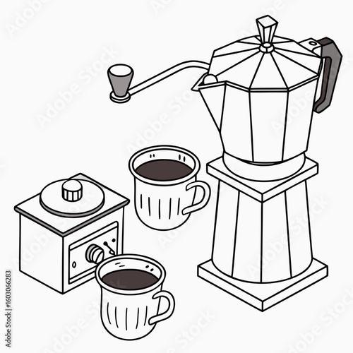 Coffee maker grinder and cups espresso moka pot