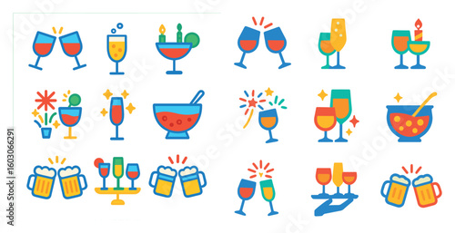 Collection of various drinks and utensils, including wine glasses, cups, and spoons