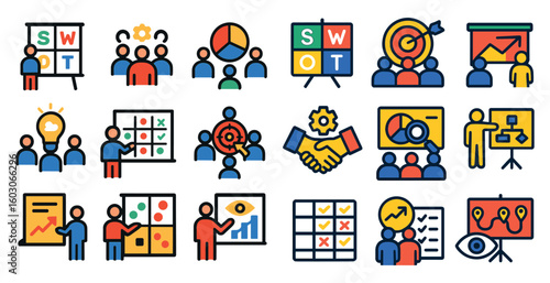 Collection of business and management icons, such as SWOT, SWAG, and SWOT, are displayed in a variety of colors and styles. These icons are used to represent different aspects of business strategy