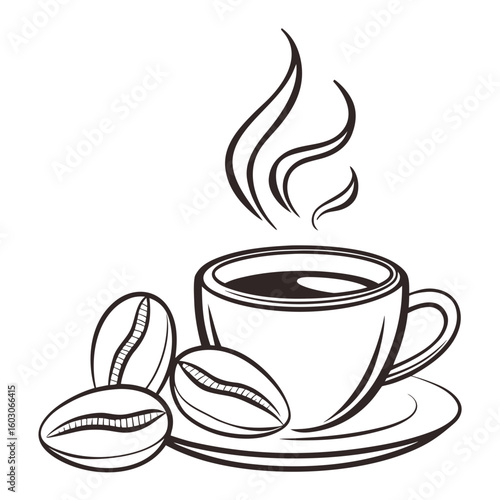 Coffee cup with beans and steam drink