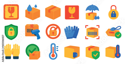 Collection of symbols and icons that represent various aspects of shipping and handling. The symbols include a box, a barcode, a key, a glove, a thermometer, and a lock