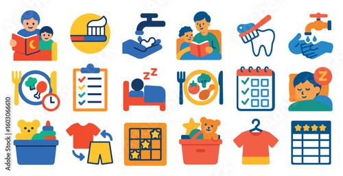 Collection of icons that represent daily activities such as brushing teeth, reading, and sleeping. The icons are colorful and playful, conveying a sense of fun and positivity