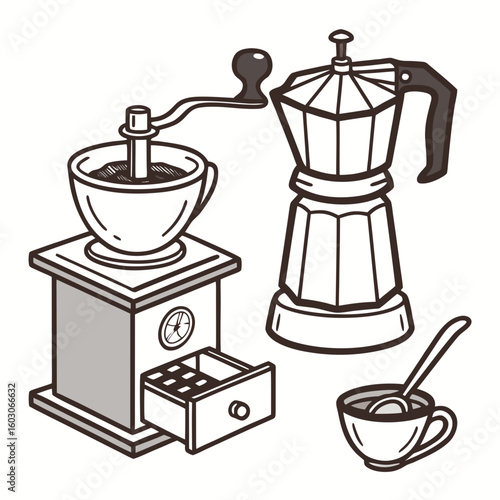Coffee grinder moka pot and cup brewing equipment