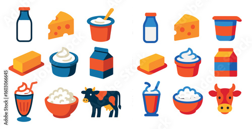 Variety of dairy products, including milk, cheese, yogurt, and butter. The products are arranged in two different sets, one on the left and one on the right