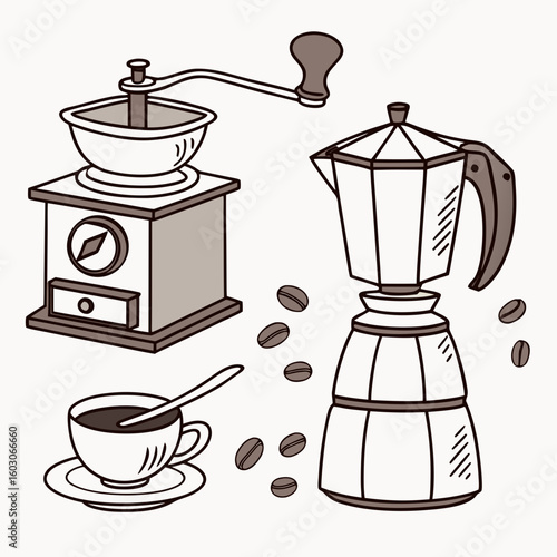 Coffee grinder moka pot cup and beans brewing equipment