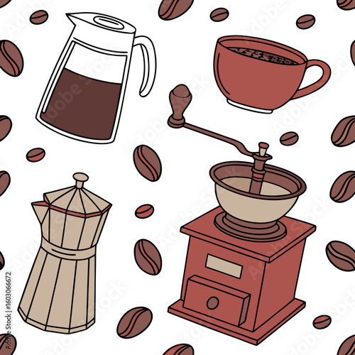 Coffee grinder cup moka pot coffee beans vector