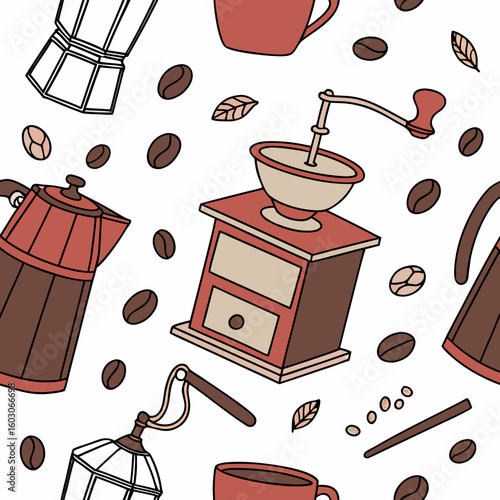 Coffee grinder moka pot and cup pattern coffee beans