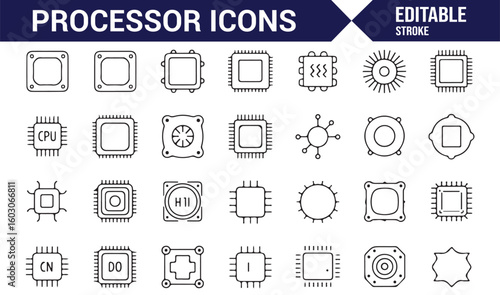 Processor Symbol Set Featuring CPUs, Microchips, and Digital Components for Tech Projects
