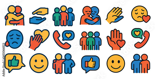 Collection of emoticons and icons that represent different emotions and actions. The icons include a smiling face, a frowning face, a hand giving a hug, a hand giving a high five