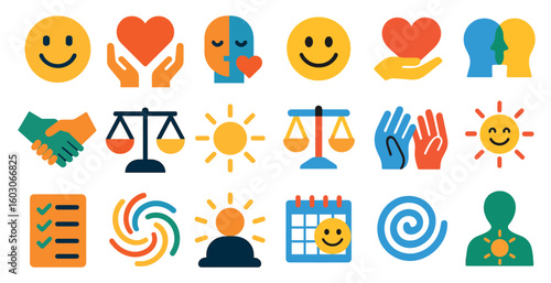 Collection of smiling faces and other symbols, including a heart, a hand, and a scale