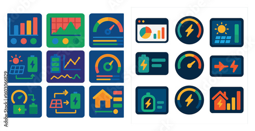 Set of icons for a solar panel system. The icons include a house, a battery, a sun, and a house with a solar panel. The icons are colorful and represent different aspects of the solar panel system