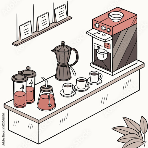 Coffee shop counter with brewing equipment and drinks