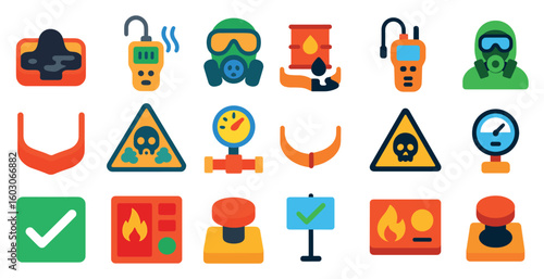 Collection of safety symbols and signs. The symbols include a skull, a fire extinguisher, a gas mask, and a pressure gauge. Scene is serious and cautionary