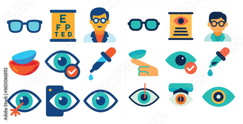 Collection of eye-related icons, including a doctor, a bottle of eye drops, and a pair of glasses