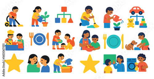 Series of images of children and adults doing various chores. The mood of the images is lighthearted and playful