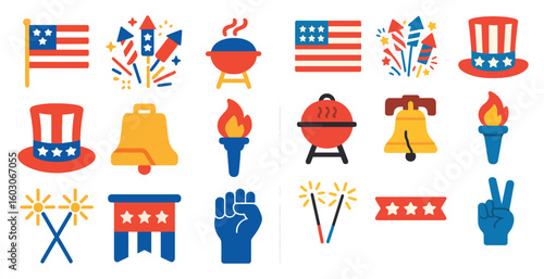 Collection of American symbols and icons, including the American flag, the Liberty Bell, the Statue of Liberty, and the Olympic Torch