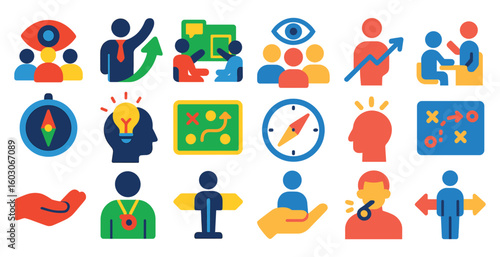 Collection of icons that represent different ideas and concepts. The icons include a person holding a compass, a person holding a hand, a person holding a key, a person holding a book