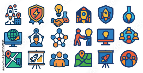Collection of blue icons that represent various ideas and concepts. The icons include a rocket, a globe, a person holding a book, a person holding a globe, a person holding a globe