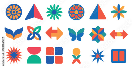 Collection of colorful shapes and symbols, including a butterfly, a star, and a heart. The shapes are arranged in a way that suggests a playful and whimsical mood