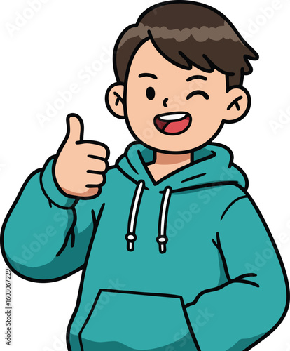 Boy in teal hoodie giving thumbs up cartoon character showing approval and positivity in cheerful style 