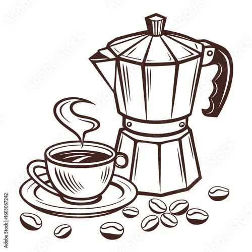 Steaming coffee cup moka pot coffee beans saucer kettle