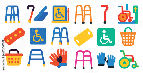 Collection of various items related to handicap and accessibility. The items include a cane, a walker, a wheelchair, a shopping cart, and a handbag
