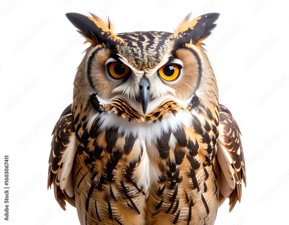 Fototapeta premium Majestic brown and white owl png wise nocturnal bird png detailed feathered guardian transparent background.