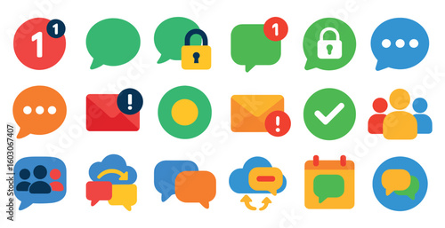 Collection of colorful icons for various messaging apps. The icons include a red and blue one with a number 1, a green one with a lock, a yellow one with a check mark, and a blue one with a person