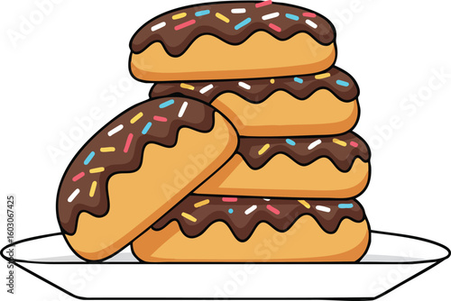 Chocolate glazed donuts with colorful sprinkles stacked on white plate vector illustration