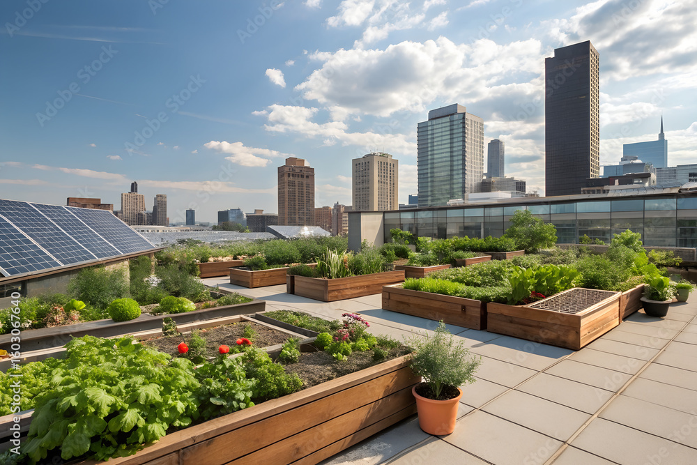 Fototapeta premium Urban rooftop garden with lush green plants and vegetables thriving amidst modern city skyscrapers under a bright blue sky with clouds
