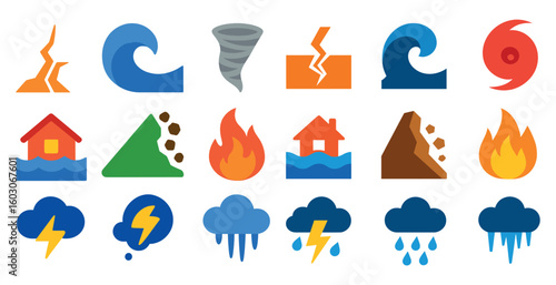 Collection of weather icons including a house, a house on fire, a house in the water, a house on a hill, a house on a mountain, a house on a cliff, a house on a hillside, a house on a mountain