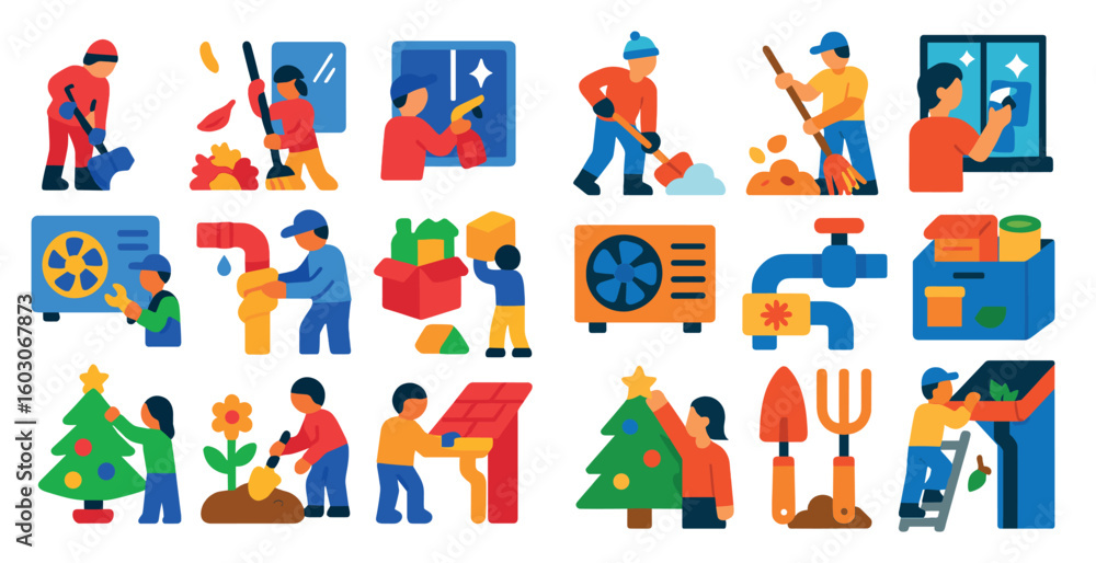 Fototapeta premium Series of illustrations of people doing various tasks, including cleaning, gardening, and fixing things. Scene is cheerful and upbeat, with the people working together to accomplish their goals