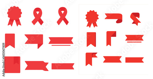 Collection of red ribbon symbols. The ribbon symbols are red and are arranged in various shapes and sizes
