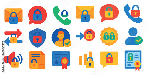 Collection of icons for various security measures. The icons include a lock, a key, a shield, a person with a check mark, and a person with a check mark