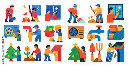 Series of illustrations of people doing various tasks, including cleaning, gardening, and fixing things. Scene is cheerful and upbeat, with the people working together to accomplish their goals